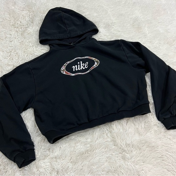 Nike Black Floral Print Crop Pullover Hoodie Size small Long Sleeve DJ1084-010 - Picture 2 of 11